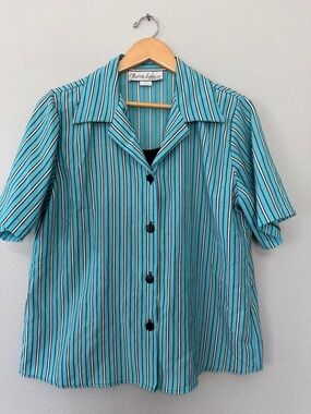 VTG Granny Core Gloria Lance Turquoise Striped Button-Up Blouse 1X Women’s